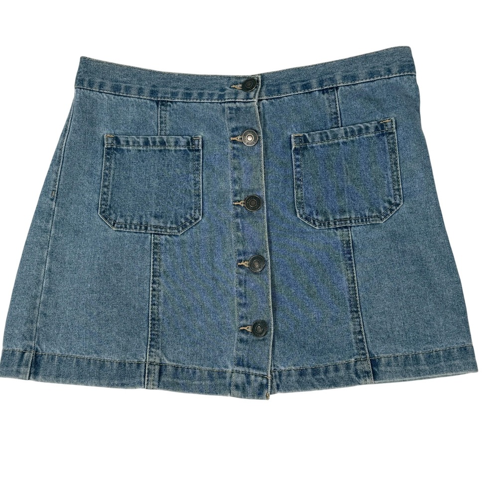 Y2K 00s Forever 21 A line Mini Skirt 27 Blue Denim Patch Pockets Button Front